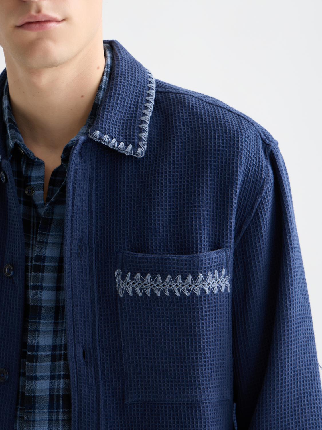 Long-sleeve Scotch & Soda waffle-structured shirt with a textured pattern, stylish for casual or semi-formal wear.