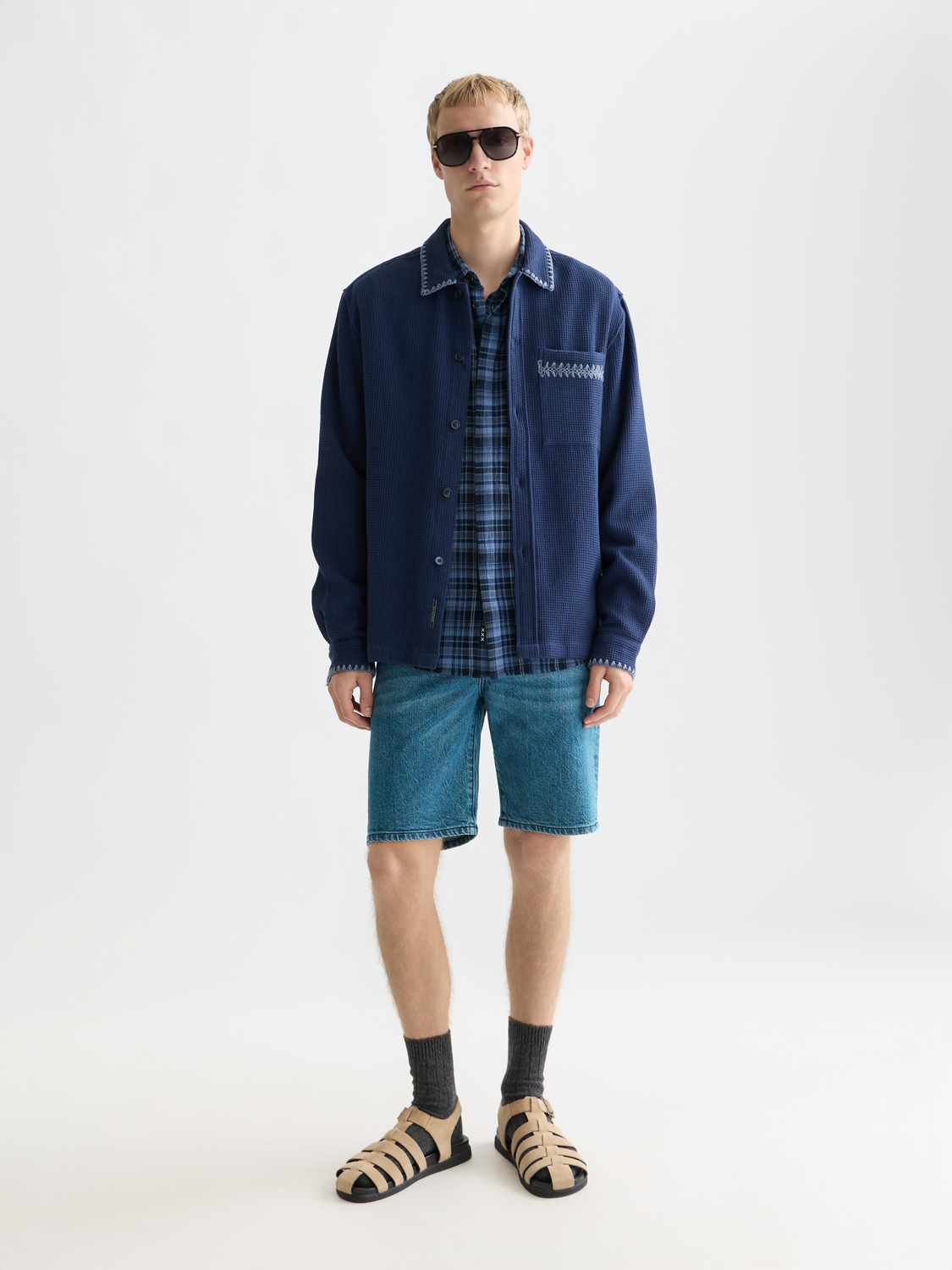 Long-sleeve Scotch & Soda waffle-structured shirt in neutral color, featuring a classic collar and button front.