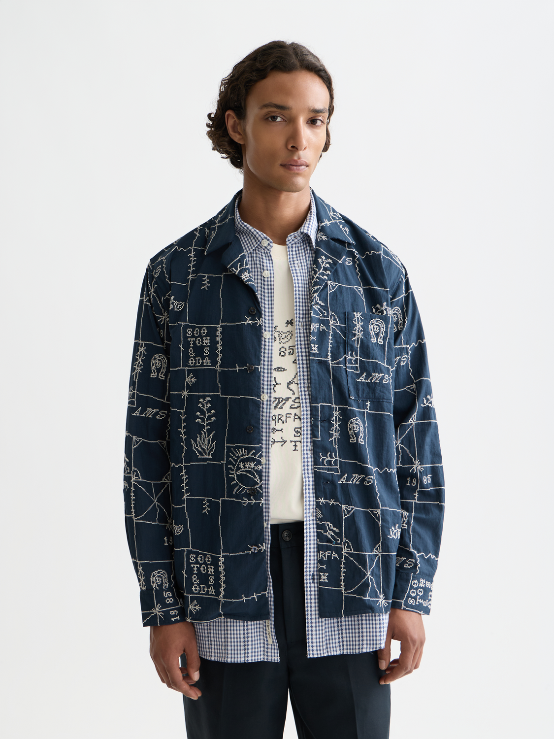 Long sleeve embroidered shirt by Scotch & Soda featuring intricate embroidery and a classic fit, shown on model.