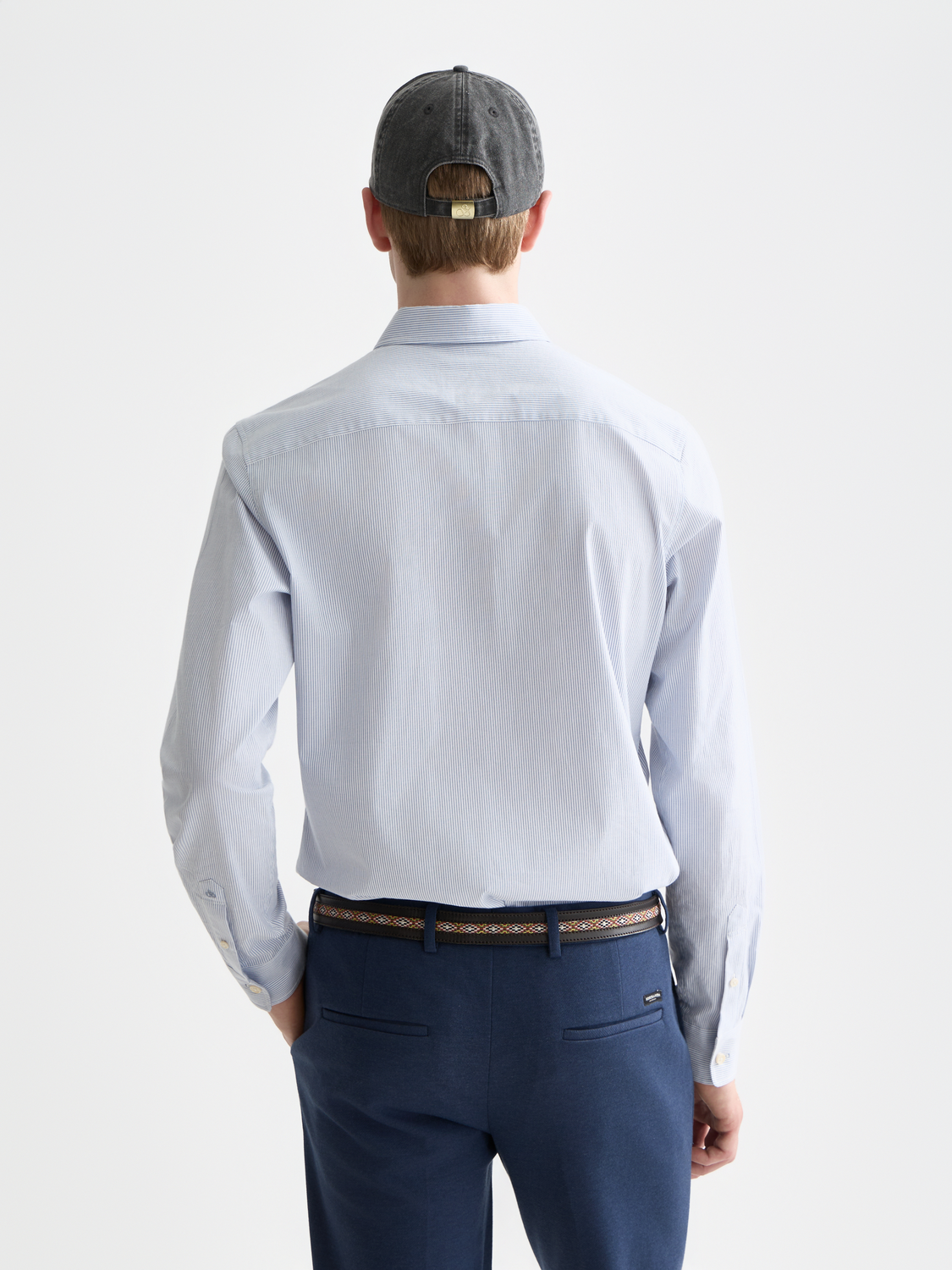 Long-sleeve Scotch & Soda striped poplin shirt showing front view with collar and button details