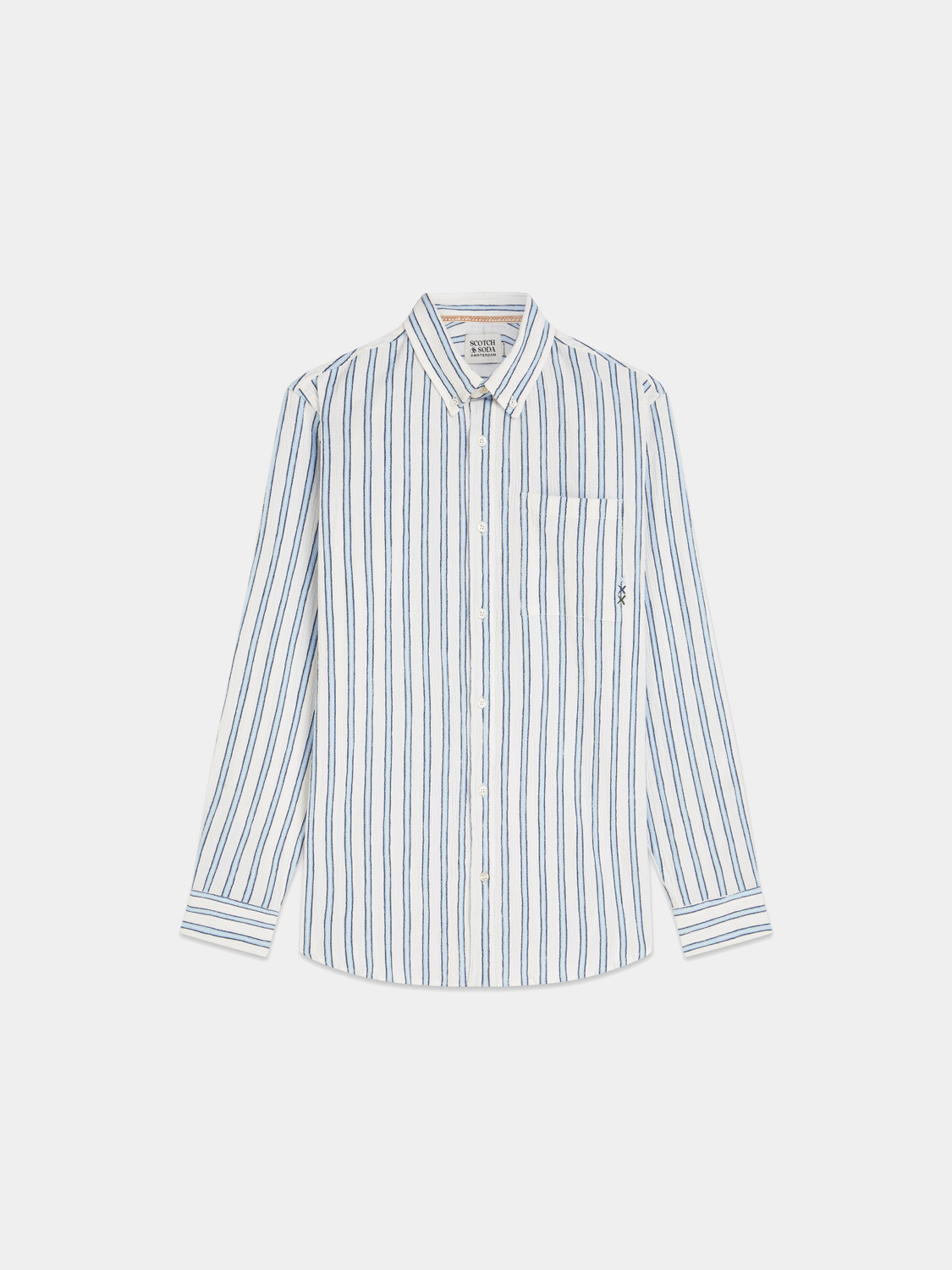 Long-sleeve striped crinkle shirt by Scotch & Soda, showing a lightweight, casual design with vertical stripes and textured fabric.