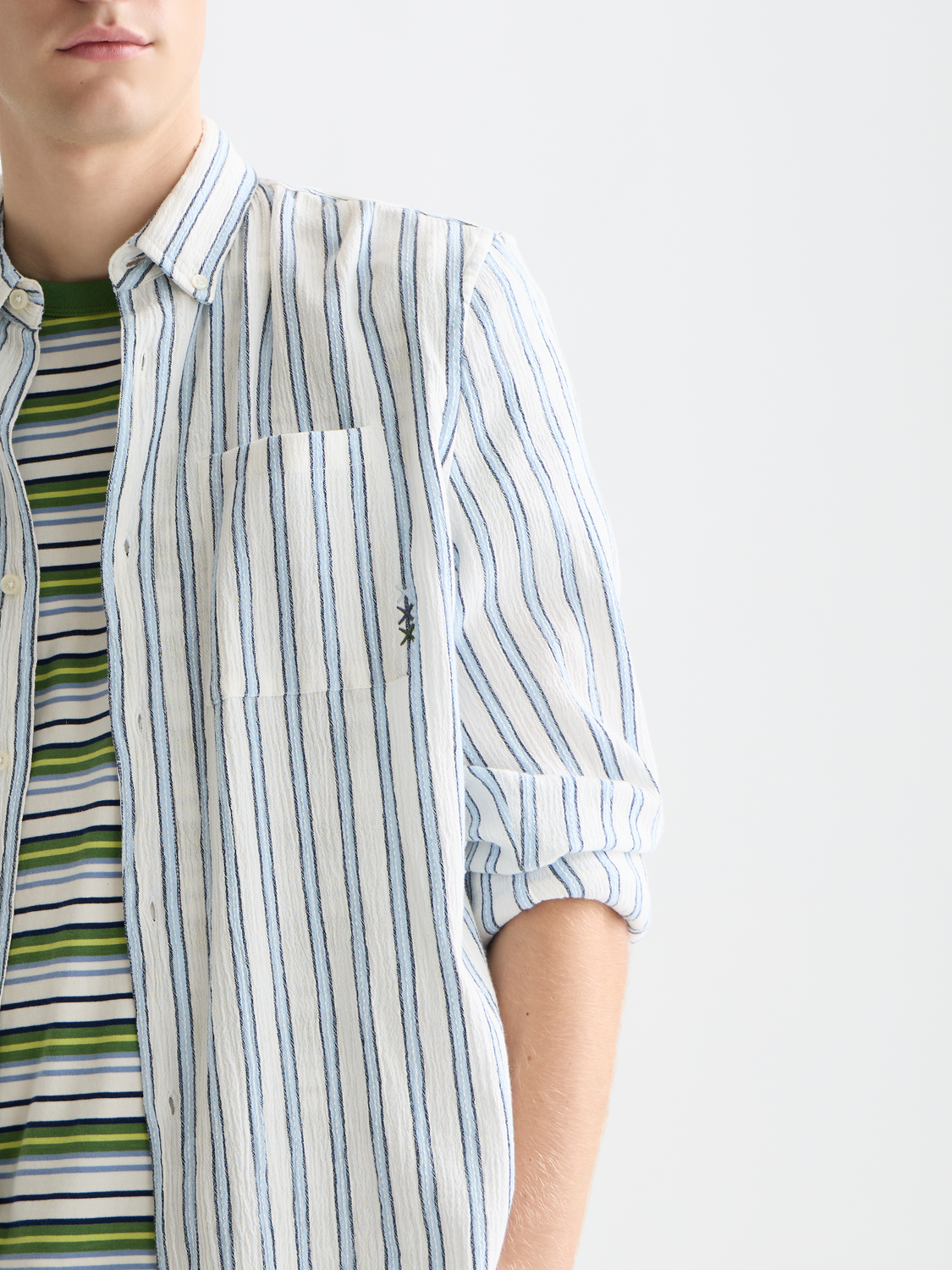 Long-sleeve striped crinkle shirt by Scotch & Soda, featuring a casual, textured fabric in a stylish design.