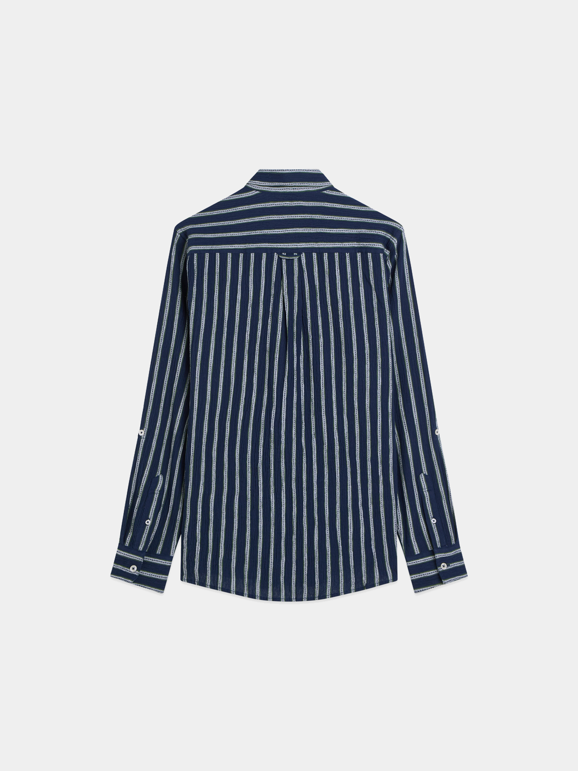 Long-sleeve striped crinkle shirt by Scotch & Soda, featuring a relaxed fit and bold pattern, shown from the back.