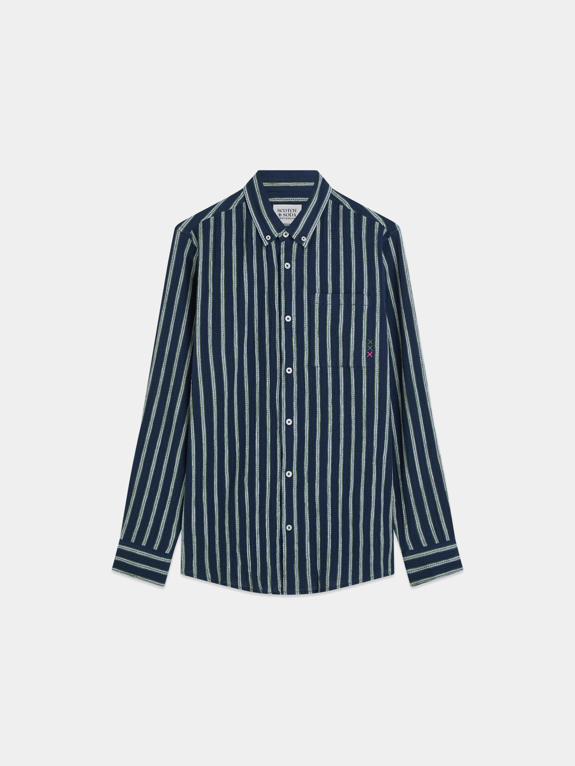 Long-sleeve striped crinkle shirt by Scotch & Soda with a casual, textured fabric and button-down front.