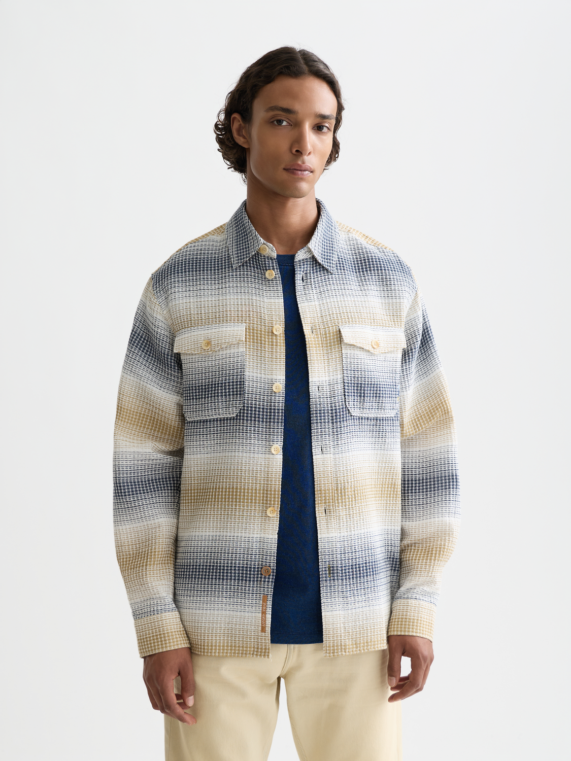 Long sleeve striped waffle shirt by Scotch & Soda, featuring a casual fit with a classic pattern and textured fabric.
