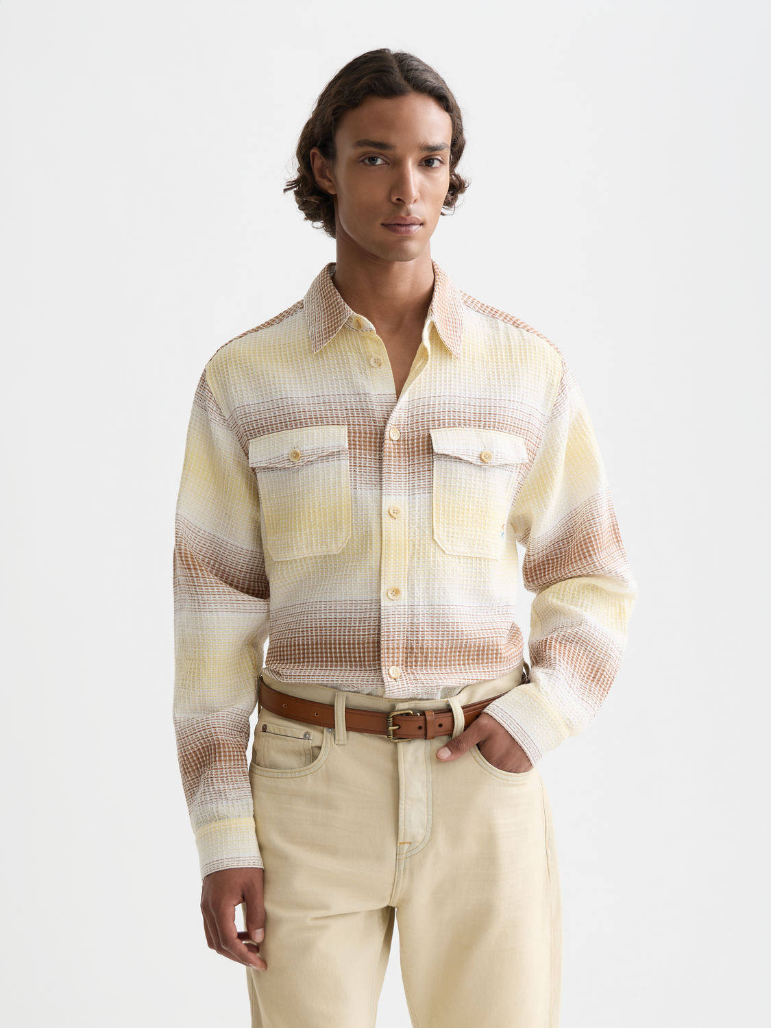 Long sleeve striped waffle shirt by Scotch & Soda, featuring a casual fit and textured fabric in a modern pattern.