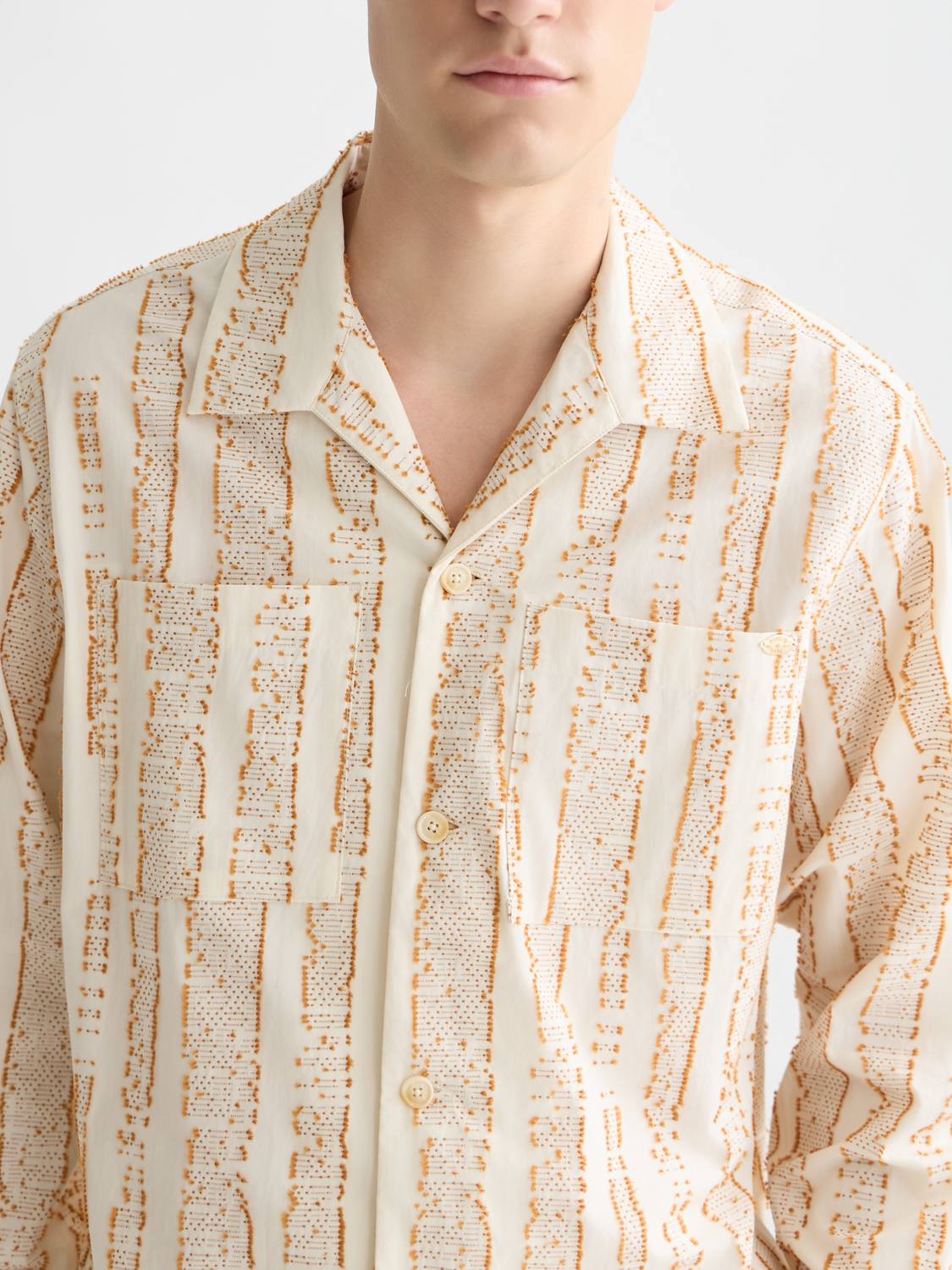 Long-sleeve Scotch & Soda jacquard structured shirt with intricate woven pattern and tailored fit.