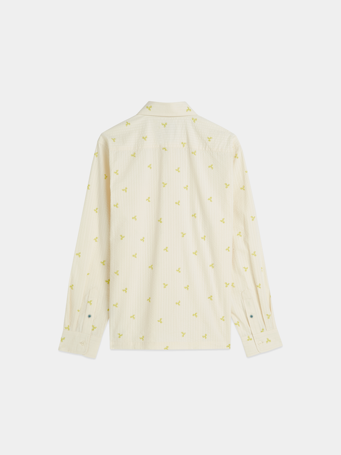 Long-sleeve Scotch & Soda seersucker shirt with blue and white striped fabric, casual style, front button closure.