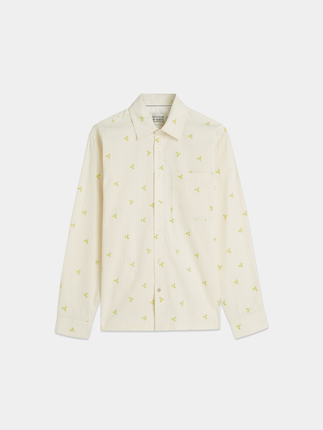 Long sleeve Scotch & Soda seersucker shirt with blue and white striped fabric, casual and lightweight for warm weather.