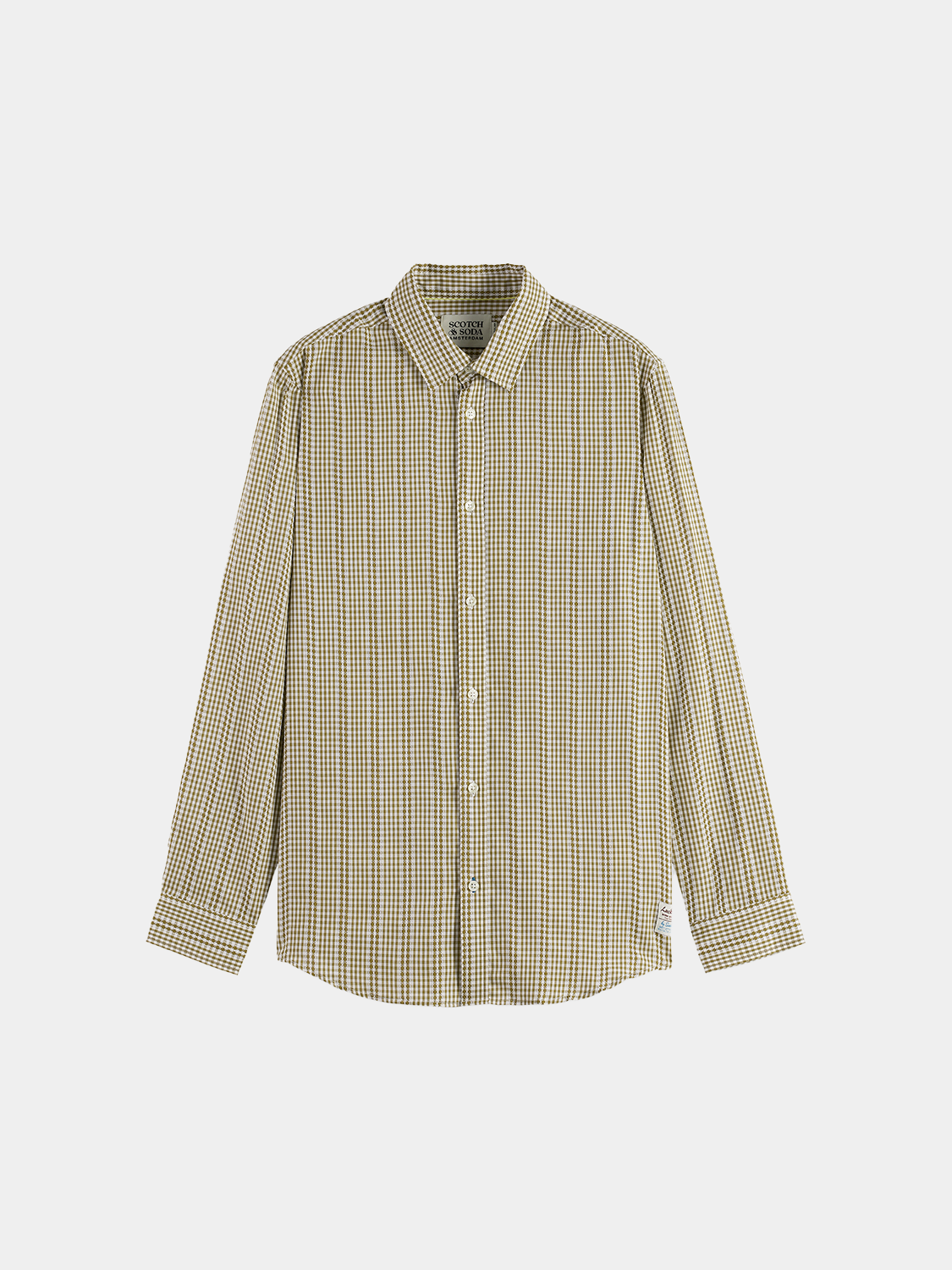 Scotch & Soda men’s long-sleeve poplin microcheck shirt with button-down collar and classic fit, shown in a close-up image.