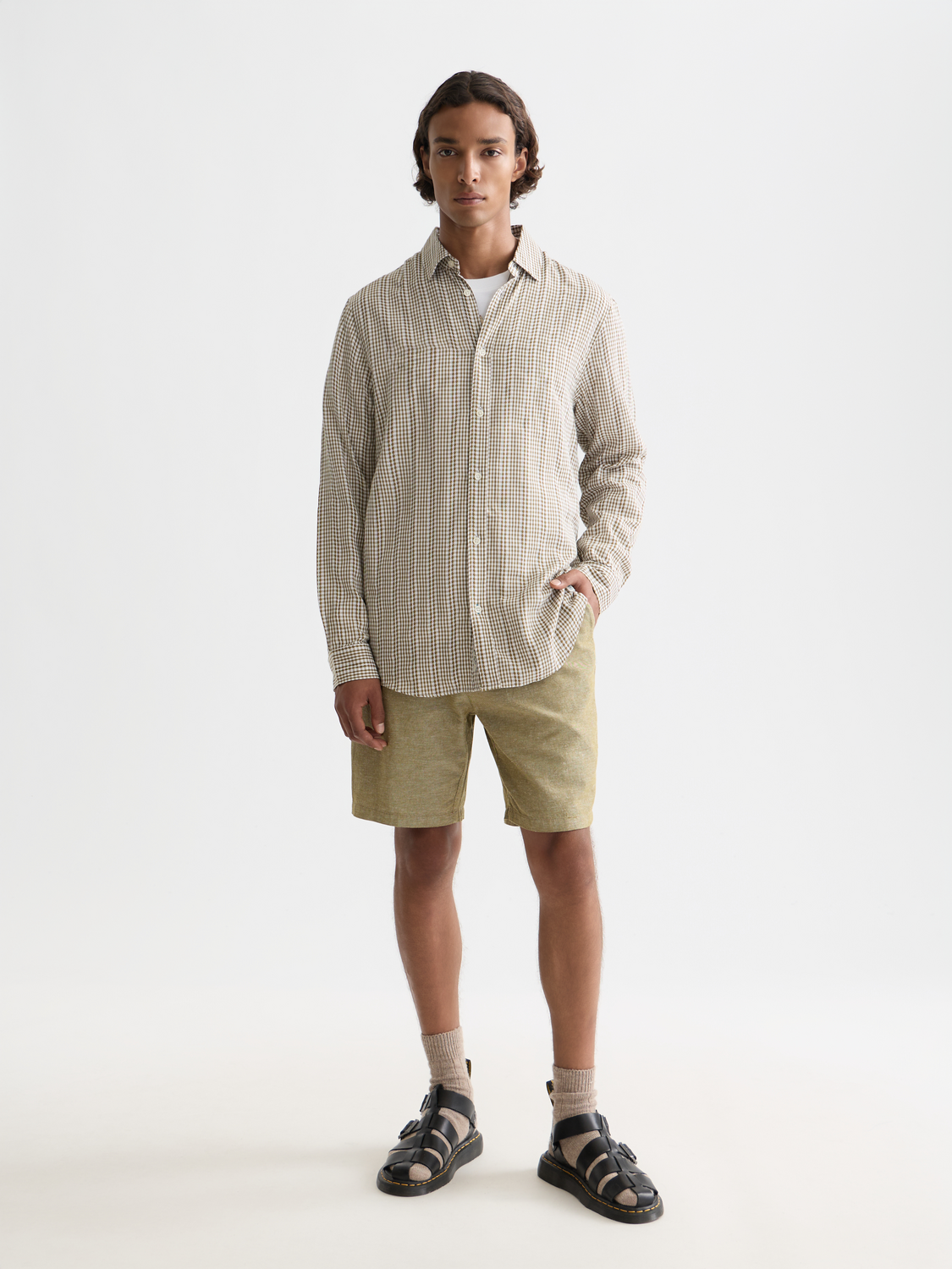Long sleeve Scotch & Soda poplin microcheck shirt with button front and collar, featuring a classic red and white microcheck pattern.
