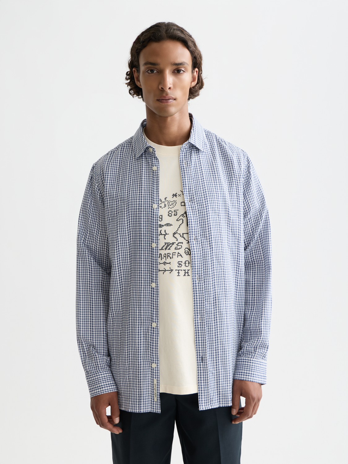 Long-sleeve Scotch & Soda poplin microcheck shirt in classic pattern, shown on model.