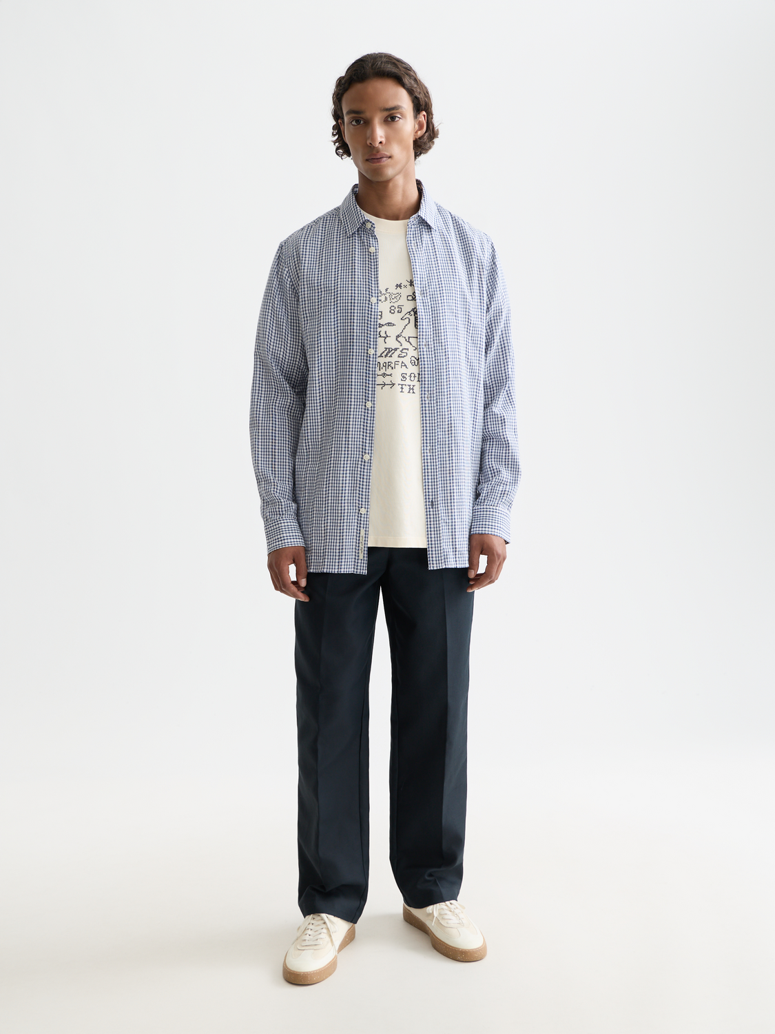 Long sleeve Scotch & Soda poplin microcheck shirt in blue and white, featuring a classic button-down design.