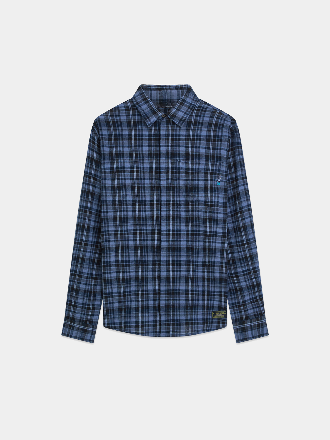 Long-sleeve Scotch & Soda flannel check shirt with red and black plaid pattern, casual men's shirt on a white background.