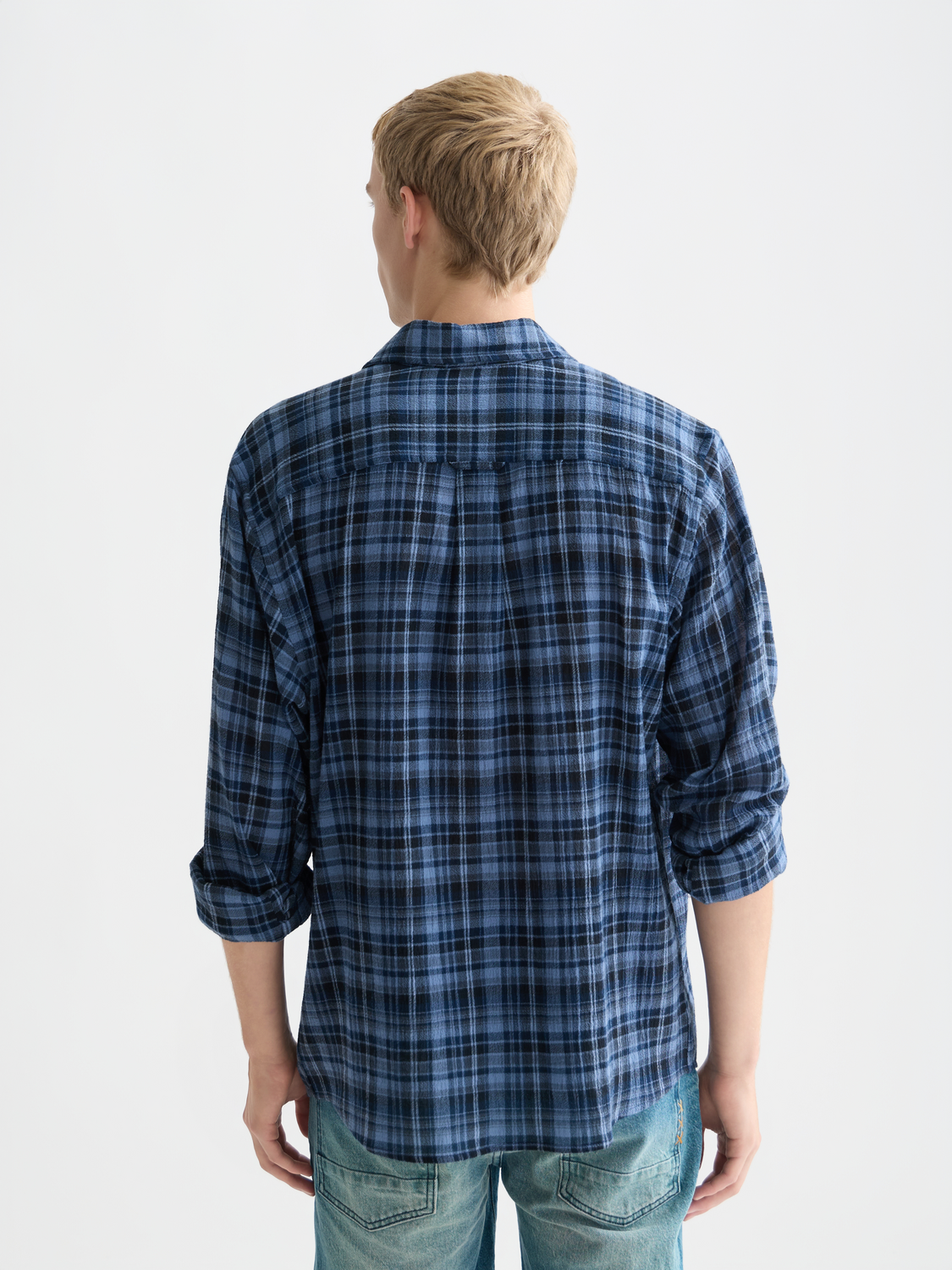 Scotch & Soda long sleeve flannel check shirt with classic red and black plaid pattern, button-up front and collared design.
