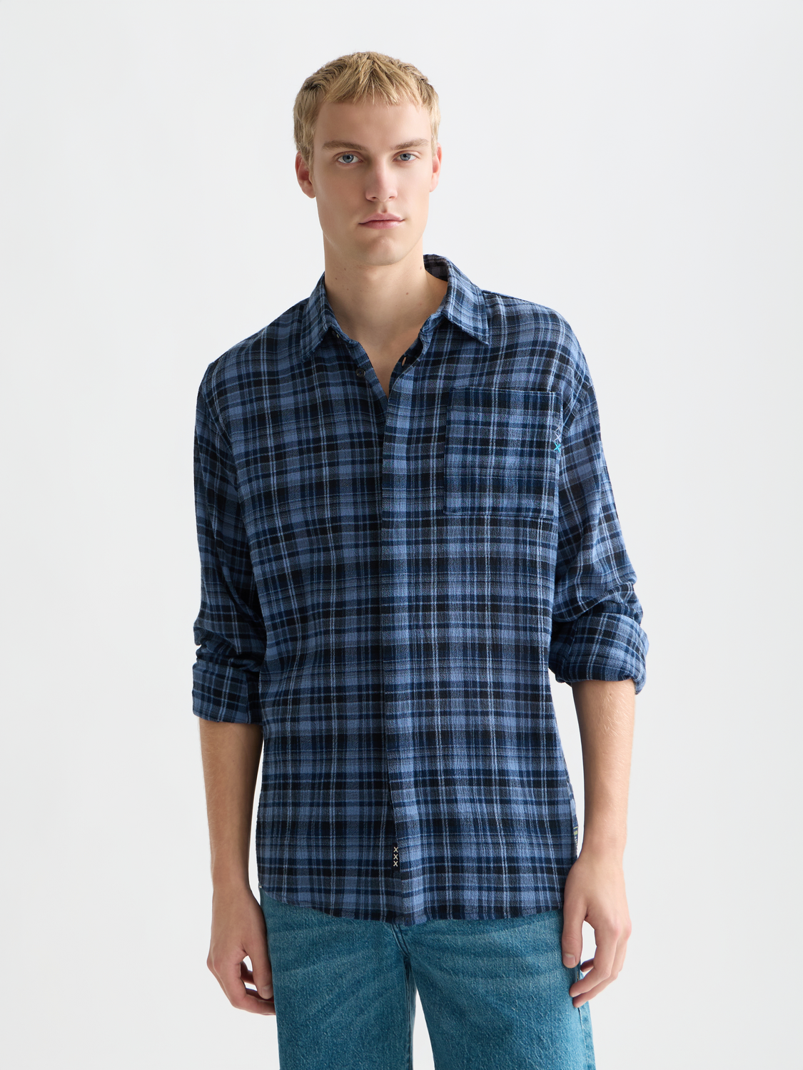 Long-sleeve Scotch & Soda flannel check shirt with red and black pattern, casual and comfortable for everyday wear.