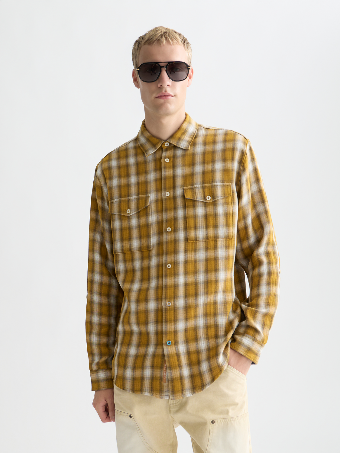Long sleeve Scotch & Soda double cloth check shirt in red and navy, displayed on a model.