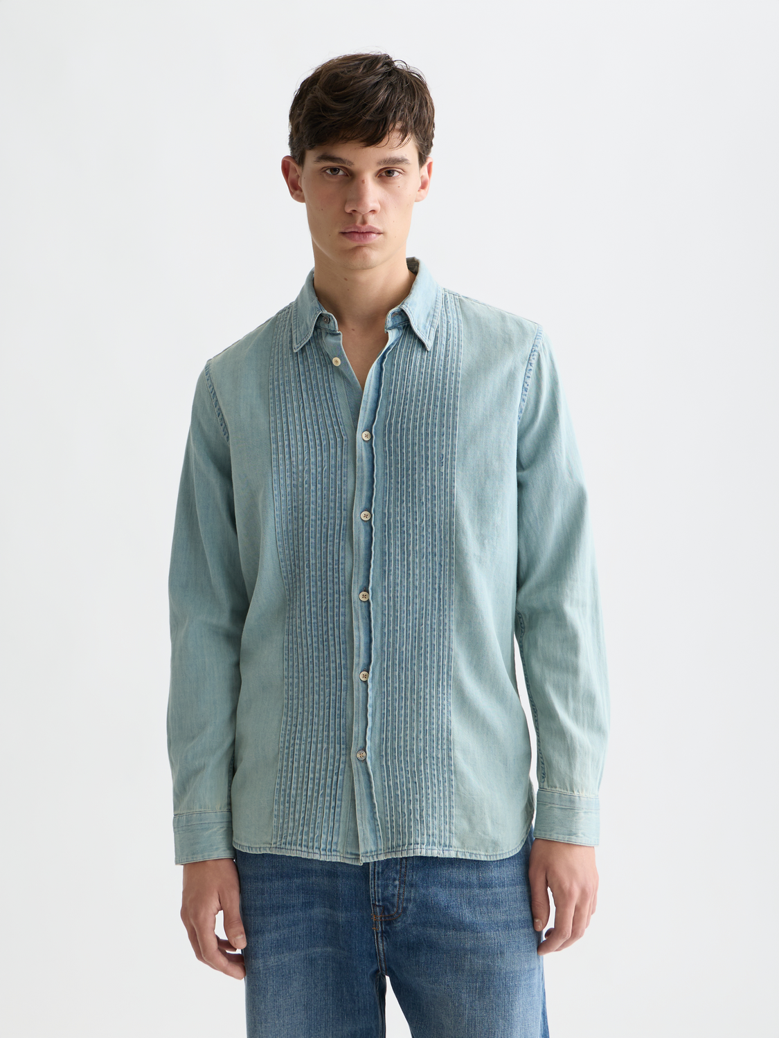 Long-sleeve Western denim shirt by Scotch & Soda with classic button front and Western yoke detailing.