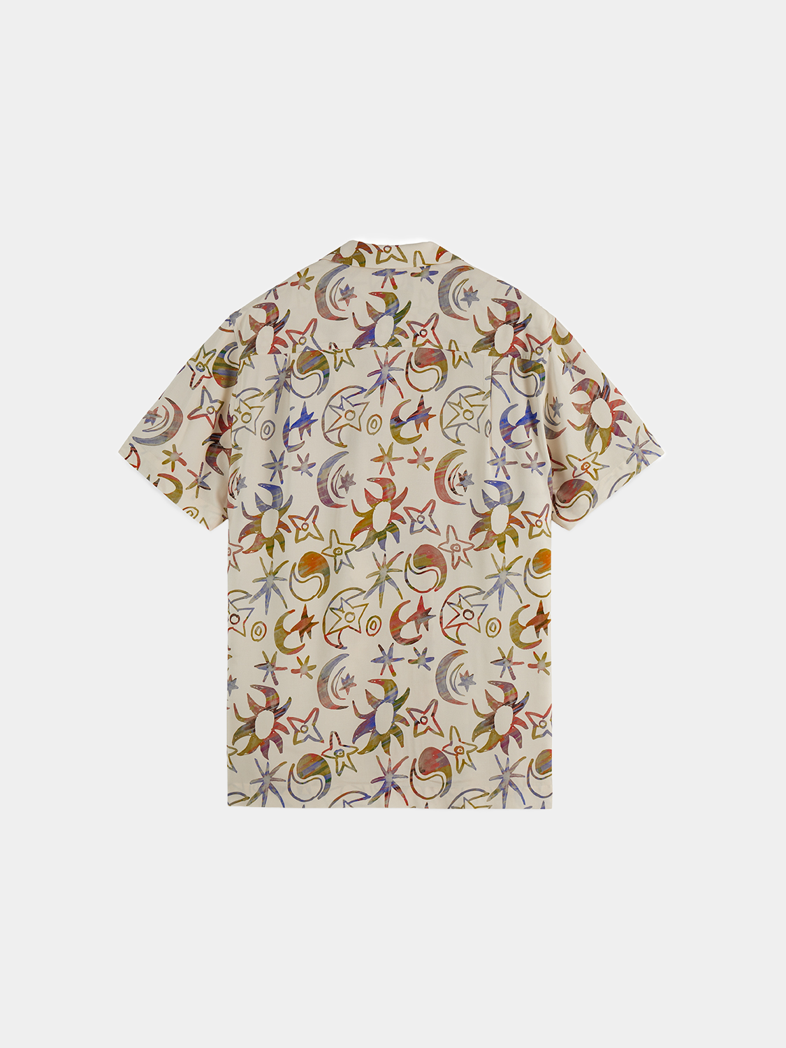 Printed short-sleeved shirt by Scotch & Soda featuring a vibrant pattern and classic fit, displayed on a hanger.