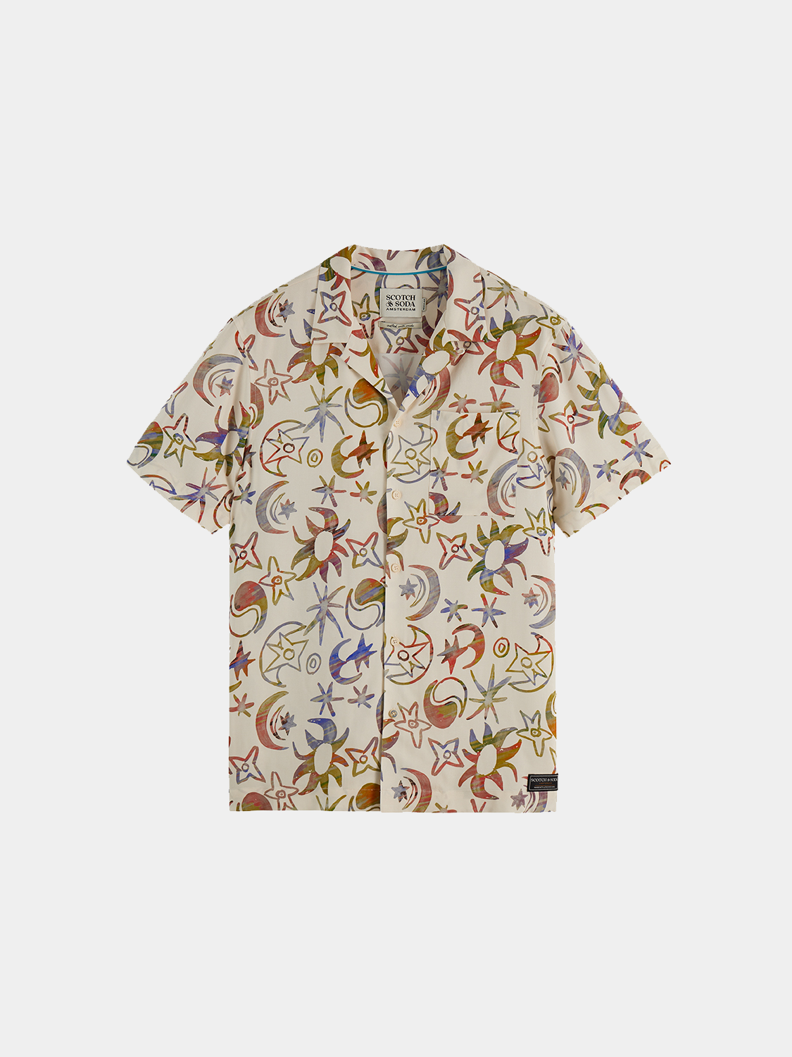 Printed short-sleeved shirt from Scotch & Soda with vibrant floral pattern and casual fit, displayed on a hanger.