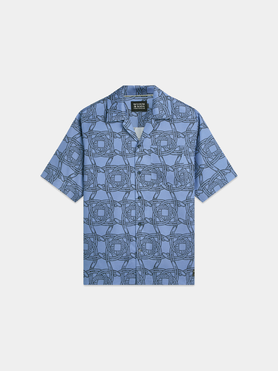 Printed short-sleeved shirt by Scotch & Soda featuring vibrant fabric and casual fit, displayed on a hanger.