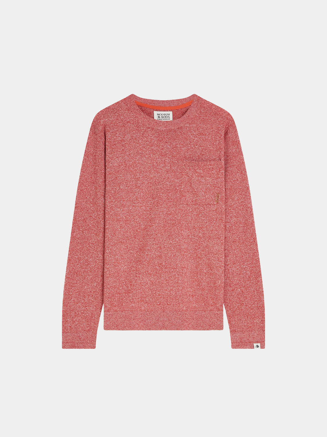 Linen-blend melange pullover by Scotch & Soda, close-up view of knitwear with textured fabric and subtle color variation.
