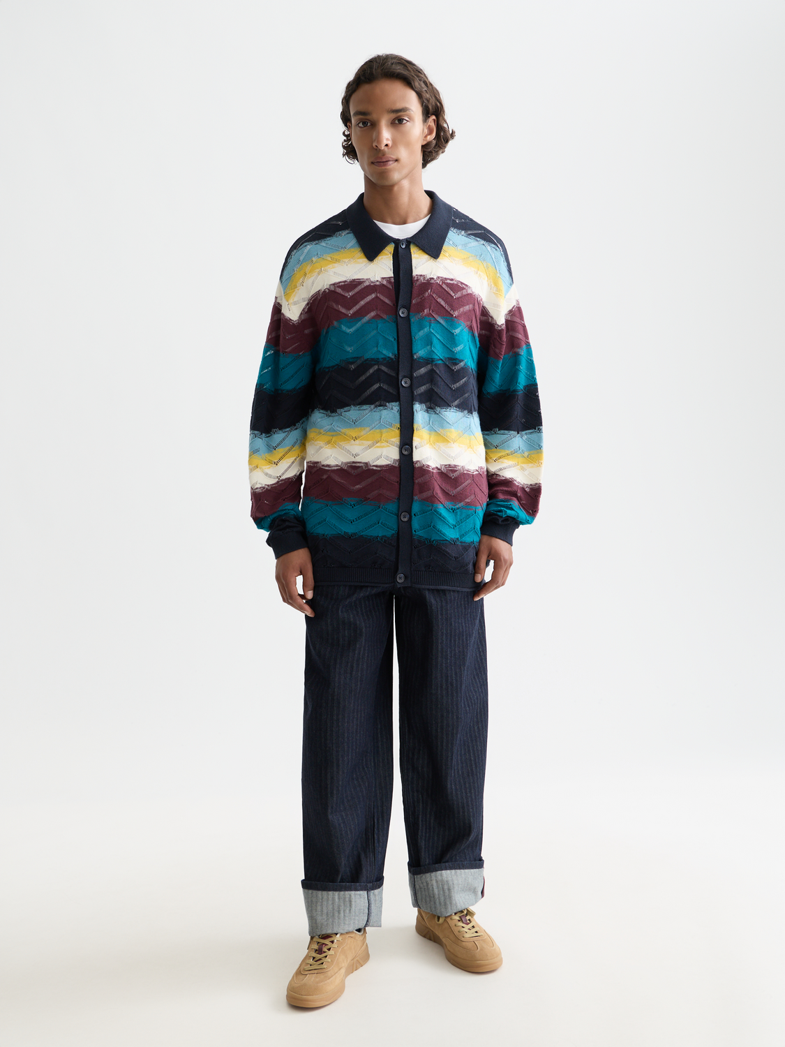 Open structure knit cardigan from SCOTCH & SODA featuring a lightweight, airy design in soft, neutral tones.