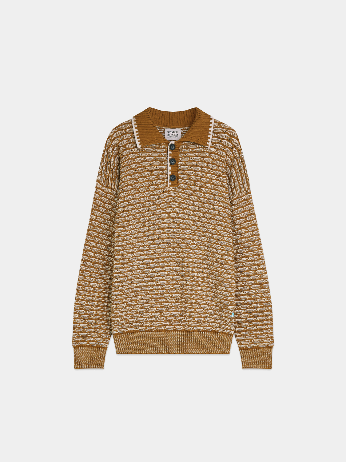 Dropped shoulder knit polo by Scotch & Soda, featuring a relaxed fit and soft knit fabric, displayed on a neutral background.