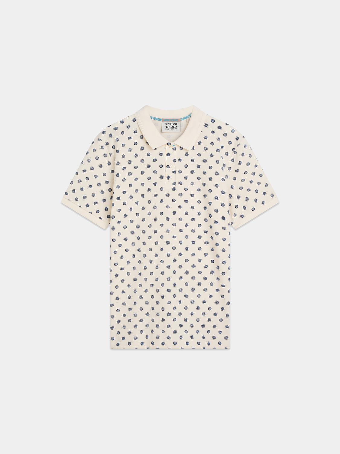 Printed SCOTCH & SODA polo shirt with colorful pattern, short sleeves, and classic collar, displayed flat on a white background.