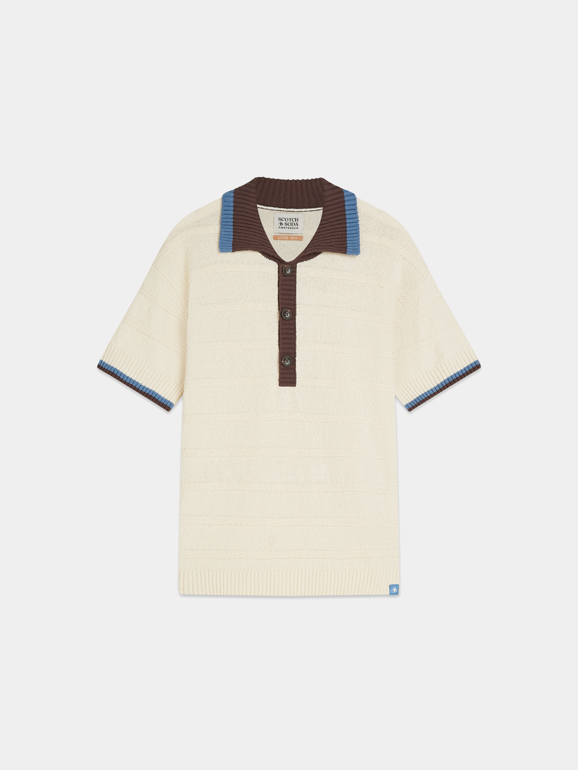 Knitted polo shirt by Scotch & Soda, featuring a classic collar and textured knit fabric, shown in a front view.