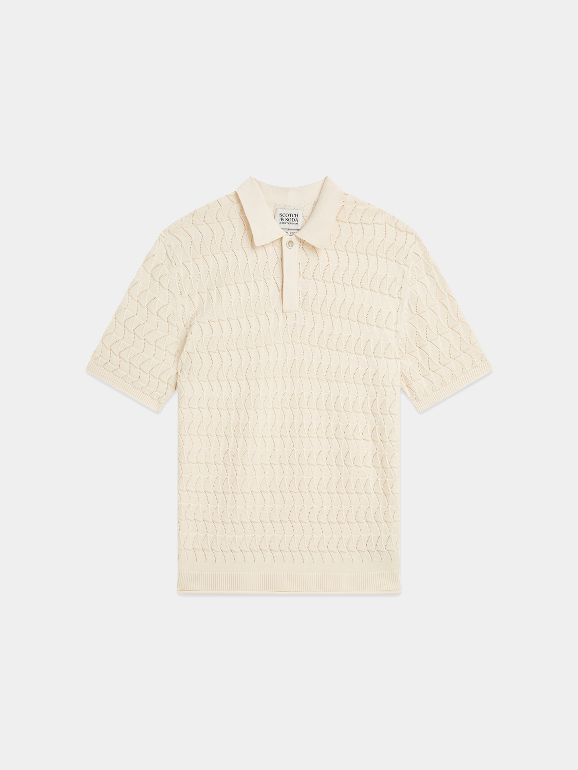 Cream-colored knitted polo shirt by Scotch & Soda, featuring a classic collar and textured knit fabric.