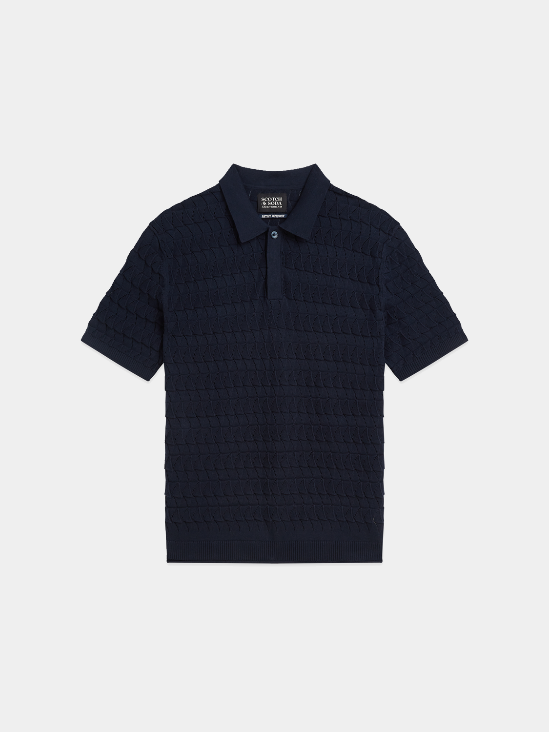 Scotch & Soda knitted polo shirt in a classic design, featuring a collar and button placket, displayed on a plain background.