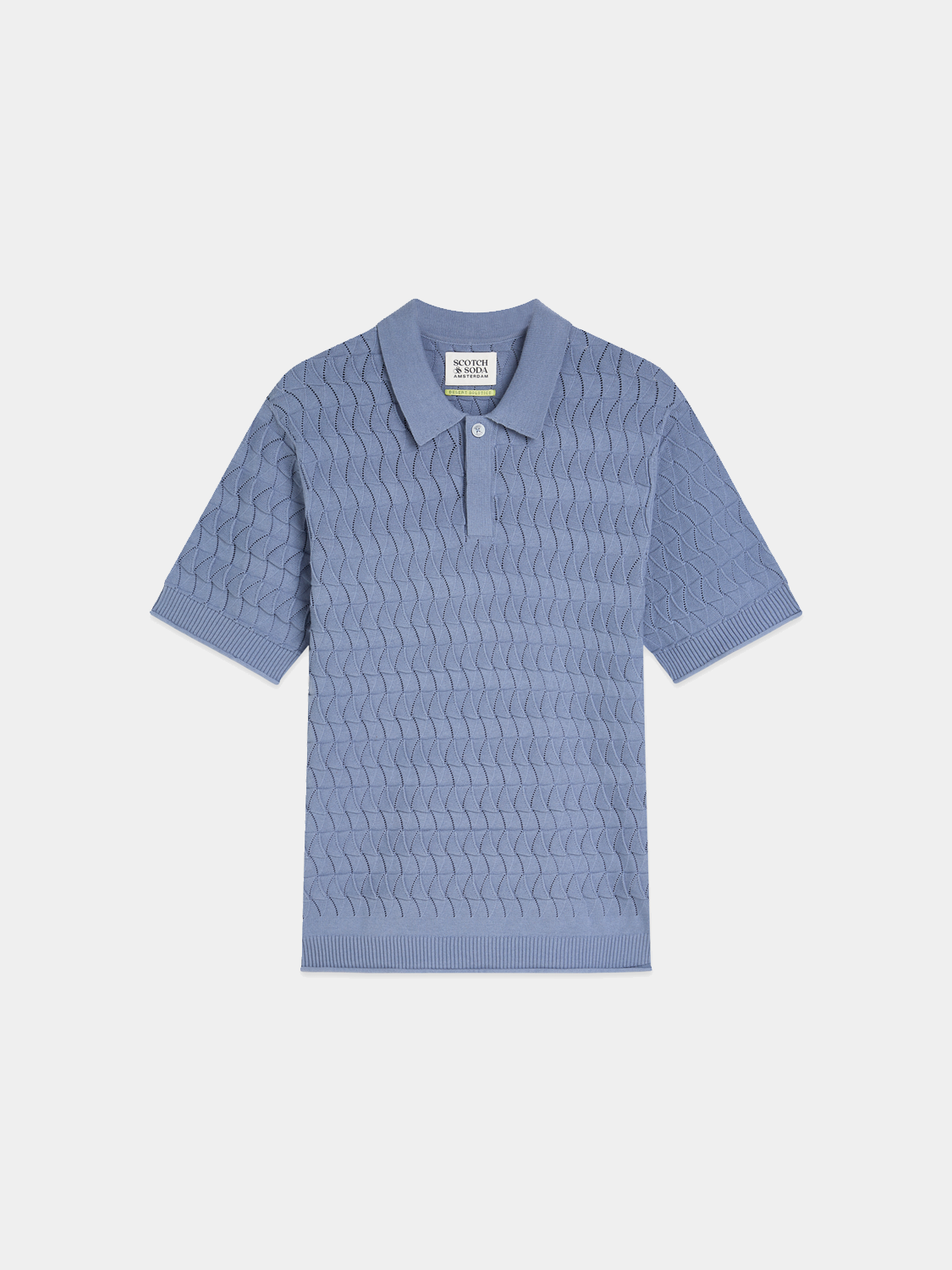 Navy blue knitted polo shirt by Scotch & Soda featuring a classic collar and short sleeves, laid flat on a white background.