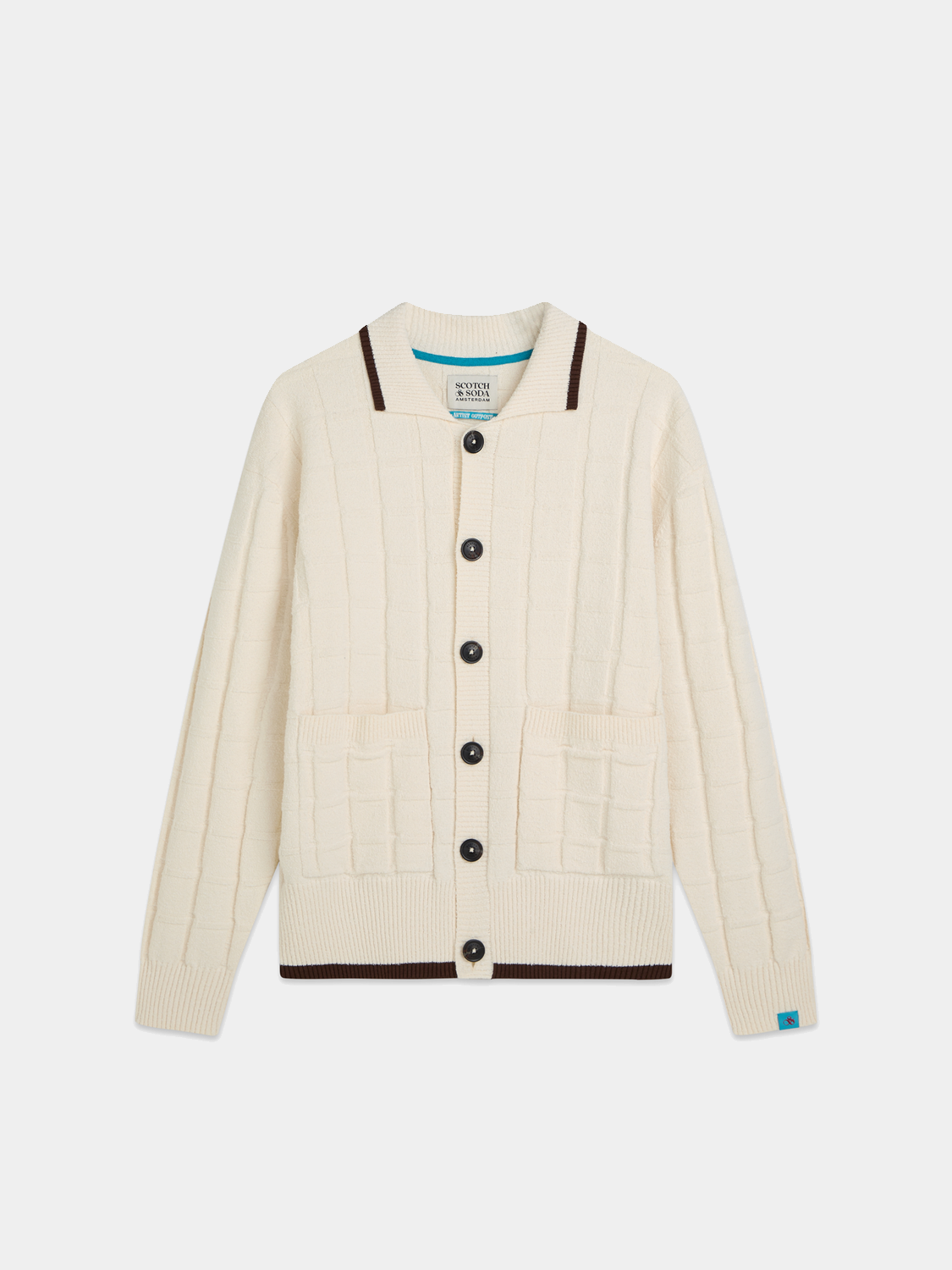 Structured boucle cardigan from Scotch & Soda, stylish knitwear with a textured boucle pattern and classic fit.