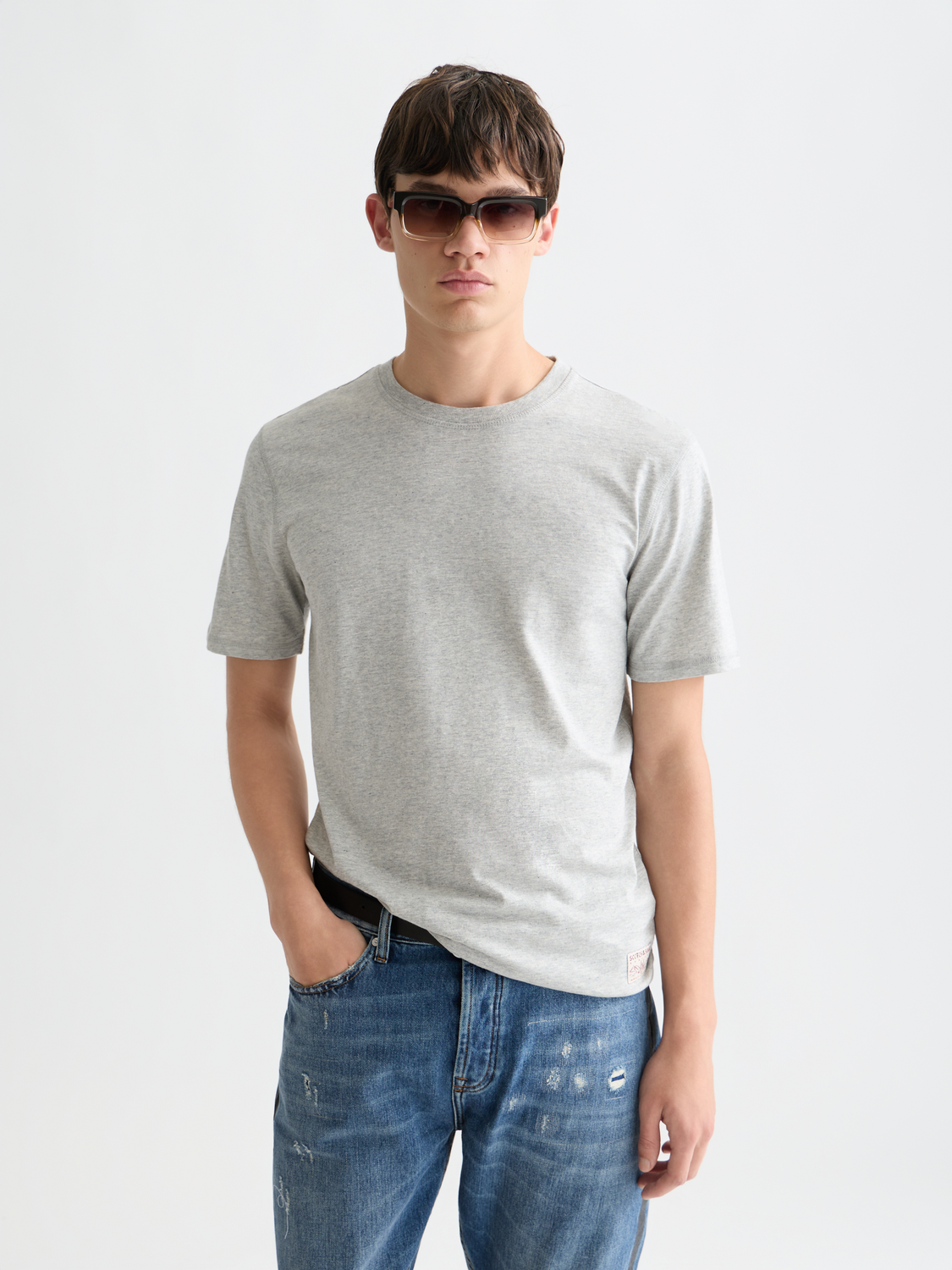 Scotch & Soda melange short-sleeve t-shirt with crew neck in a soft, textured fabric, displayed on a plain background.
