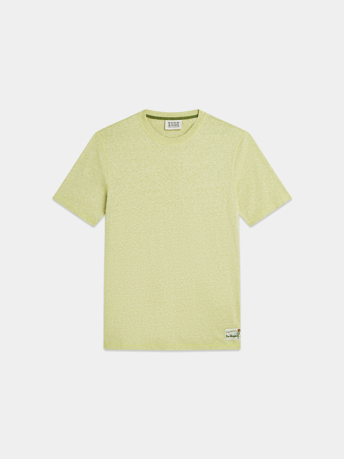 Scotch & Soda melange short-sleeve T-shirt with a relaxed fit and soft fabric, shown in a close-up view.