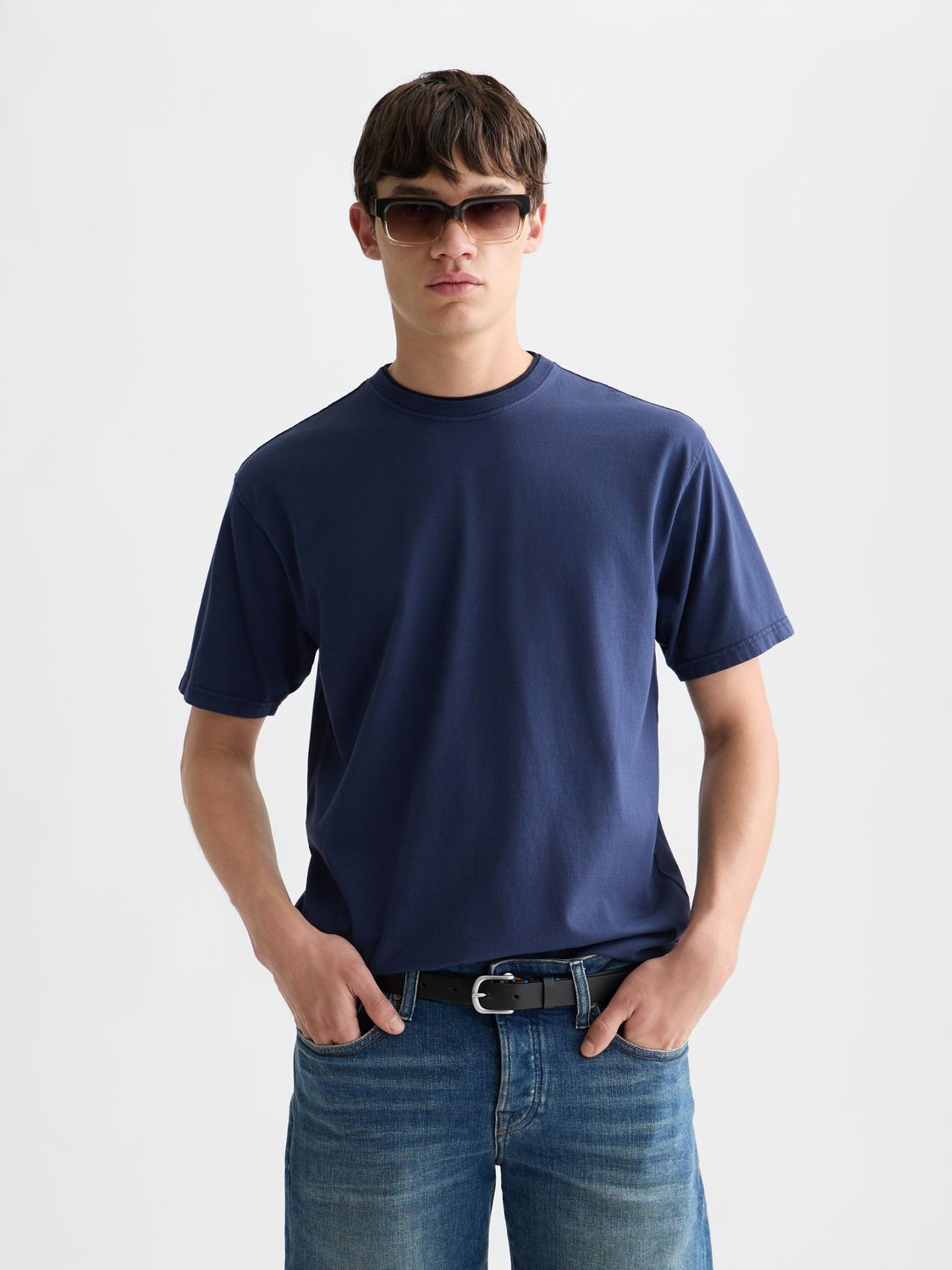 Scotch & Soda short-sleeve garment-dyed T-shirt in soft fabric, front view showing classic crew neckline and subtle color variation.