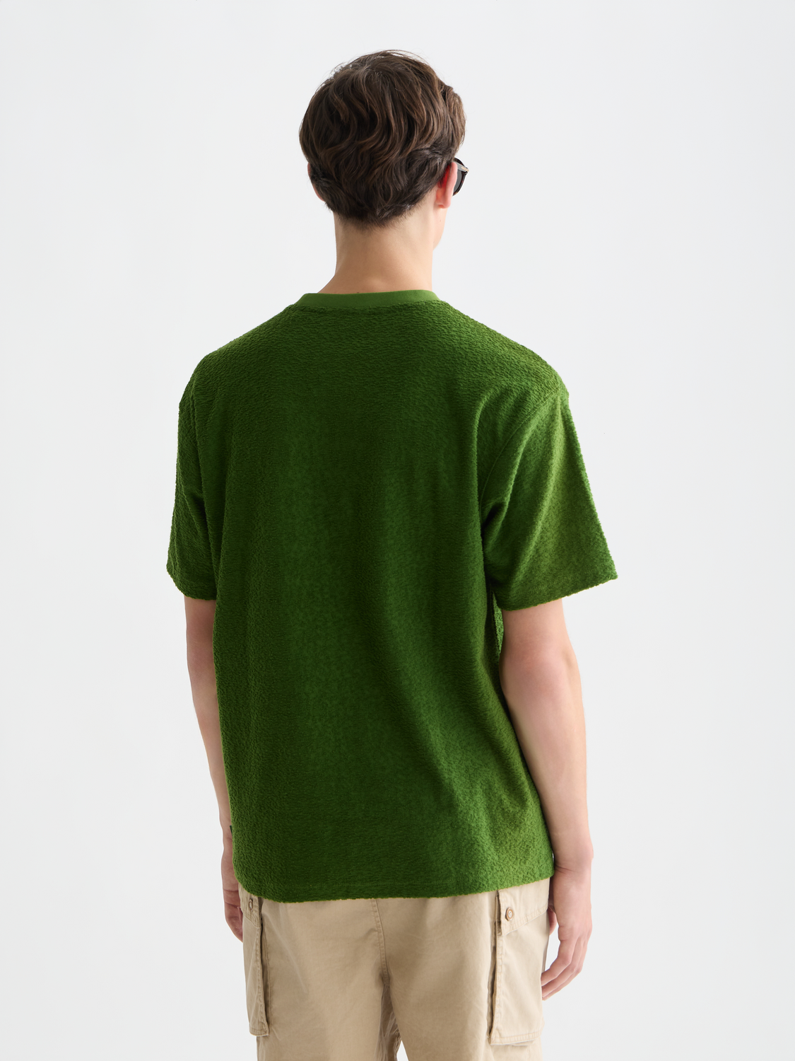 SCOTCH & SODA short-sleeve jacquard towelling t-shirt with textured fabric and a back view.