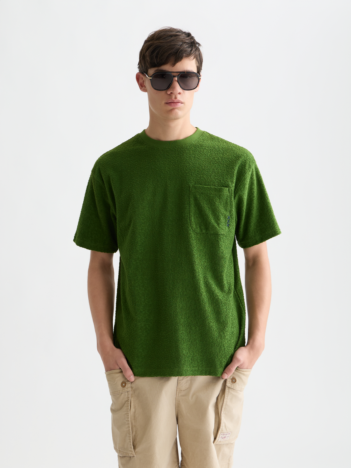 Light gray Scotch & Soda jacquard towelling short-sleeve T-shirt with textured pattern, casual fit, and round neckline.
