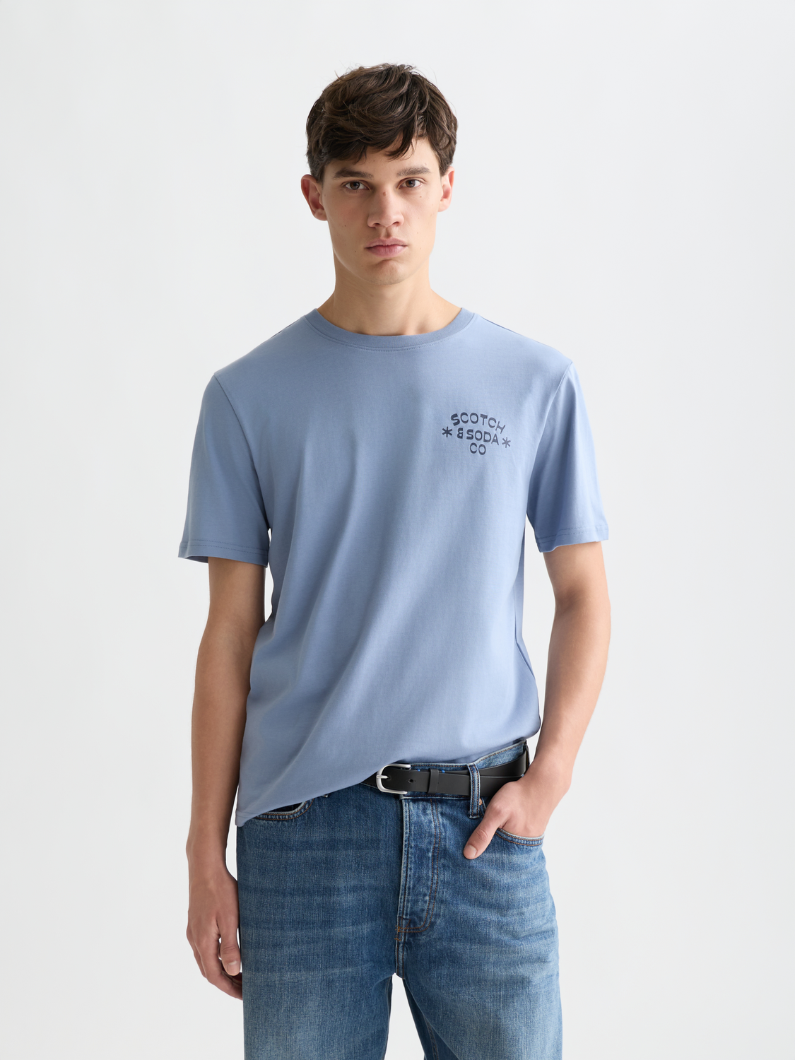 Short sleeve Scotch & Soda artwork t-shirt with colorful graphic print on front, casual men's fashion tee.