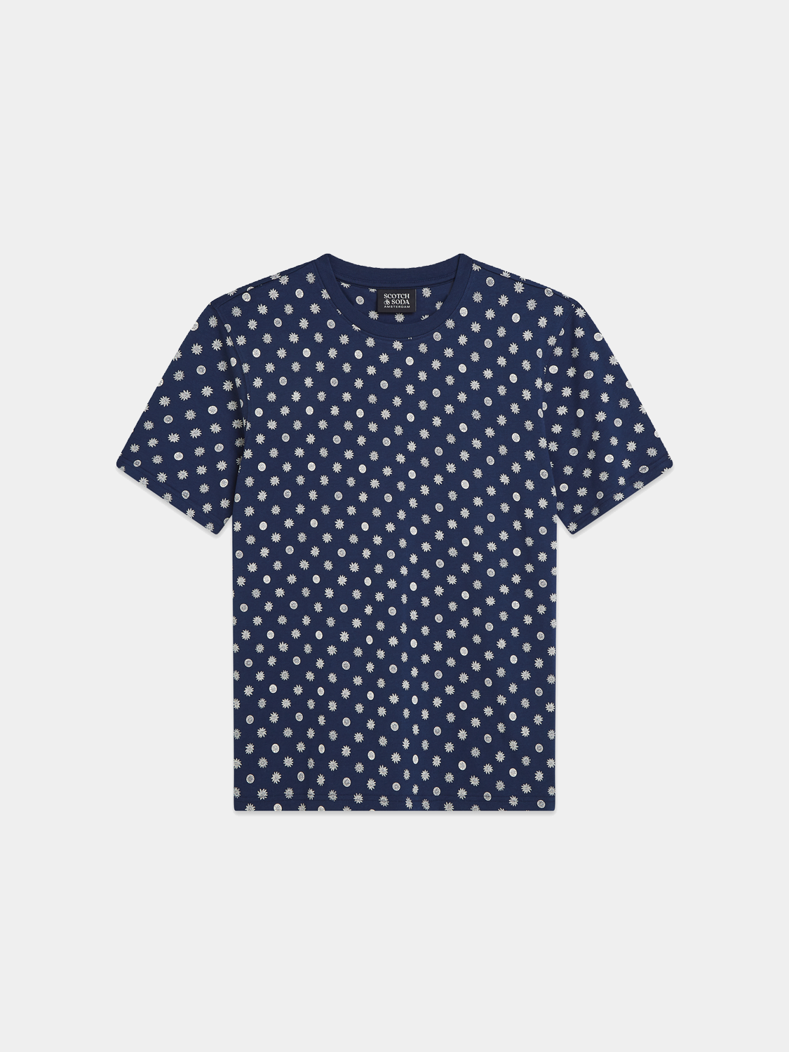 Printed Scotch & Soda short-sleeve t-shirt with colorful graphic design on front, casual men's summer top.