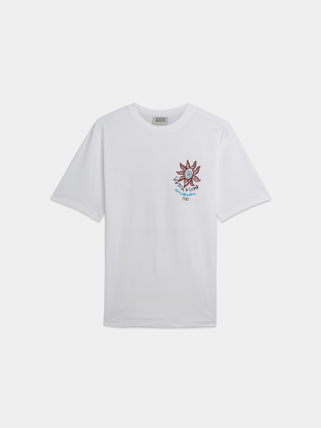 Colorful artwork T-shirt from Scotch & Soda, short-sleeve casual tee with a vibrant graphic design.