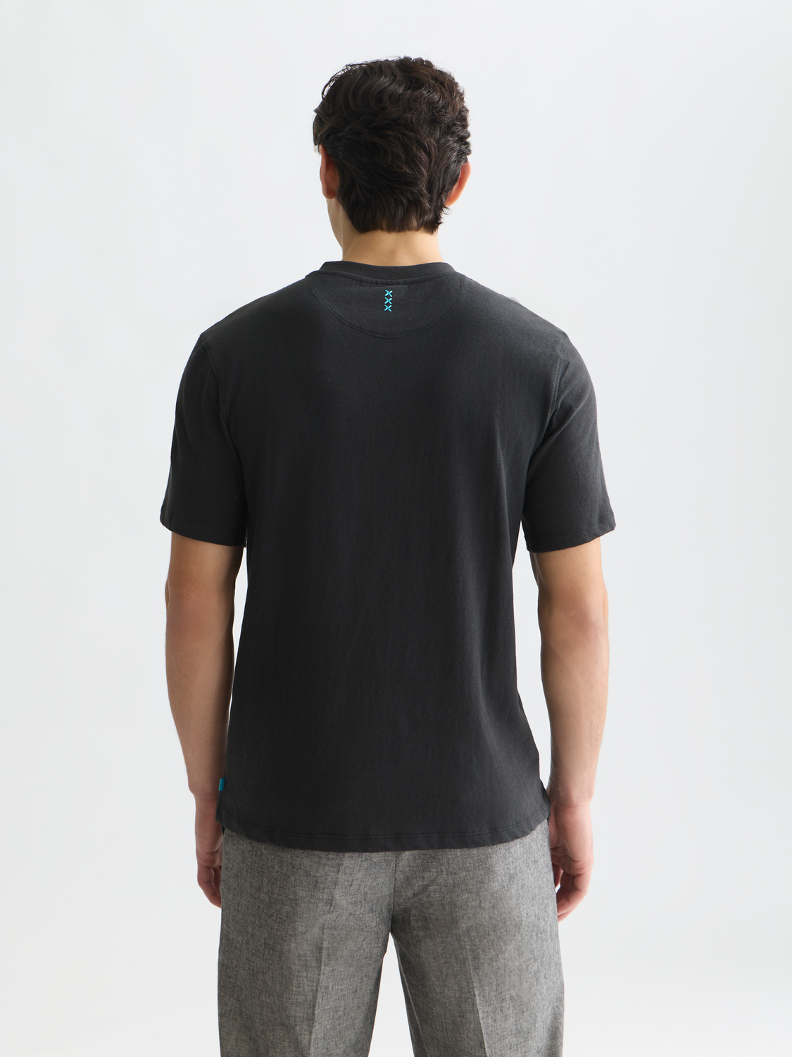 Light gray cotton-linen short-sleeve T-shirt by Scotch & Soda, shown from the back with a relaxed fit.