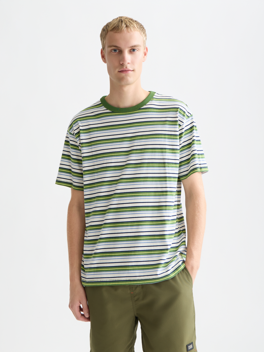 Yarn-dyed Scotch & Soda short sleeve T-shirt with a crew neck, featuring a vibrant, multicolor pattern and soft cotton fabric.