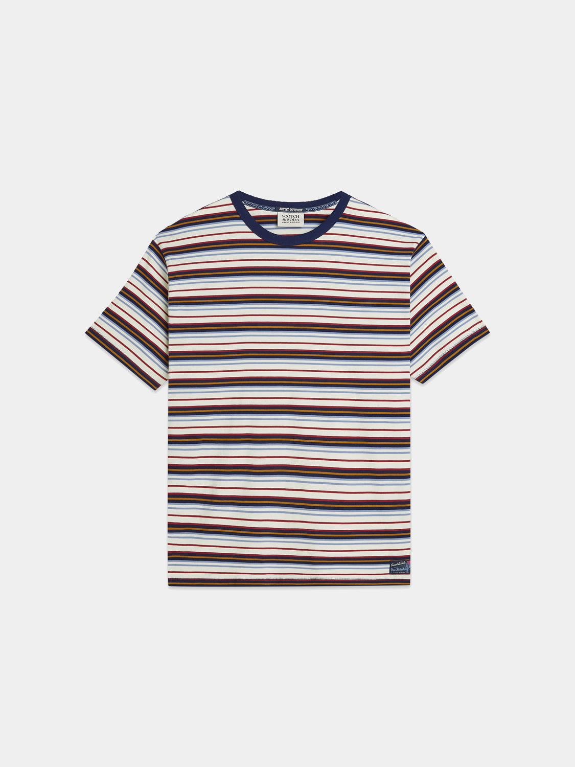 Yarn-dyed Scotch & Soda short-sleeve t-shirt with a detailed pattern, casual fit, and vibrant colors.