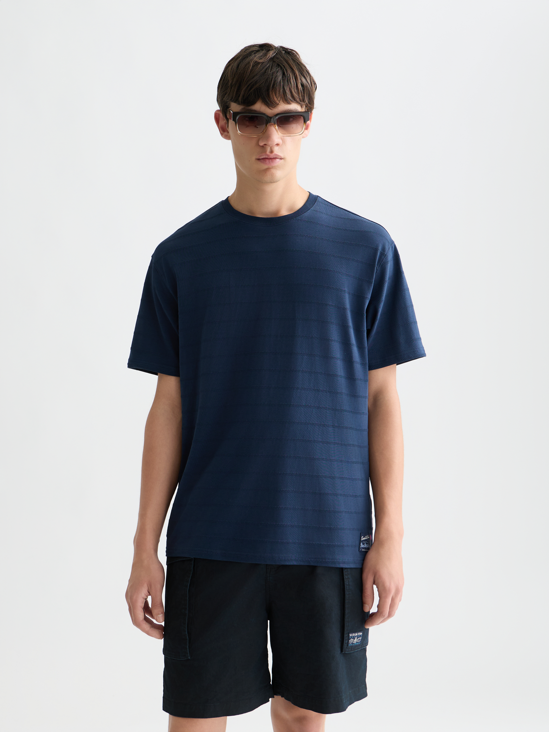 SCOTCH & SODA men's short-sleeve jacquard t-shirt with intricate woven pattern, front view.