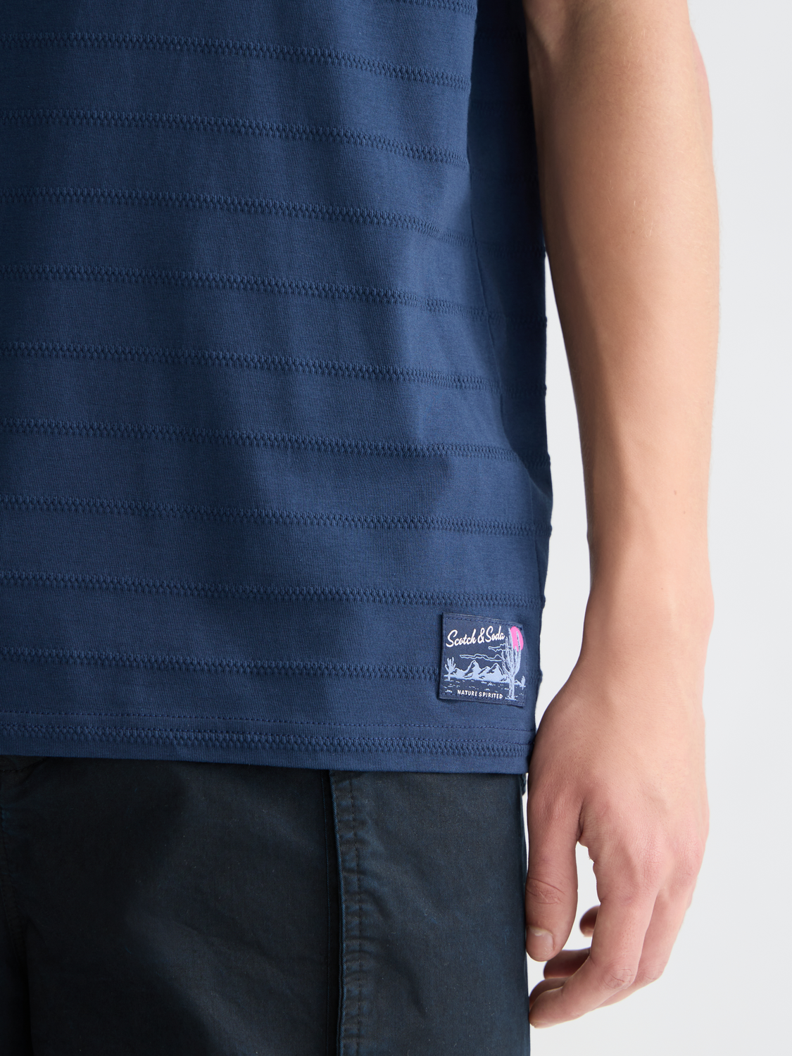Scotch & Soda short-sleeve jacquard t-shirt with intricate woven pattern, casual fit, and classic crew neckline.