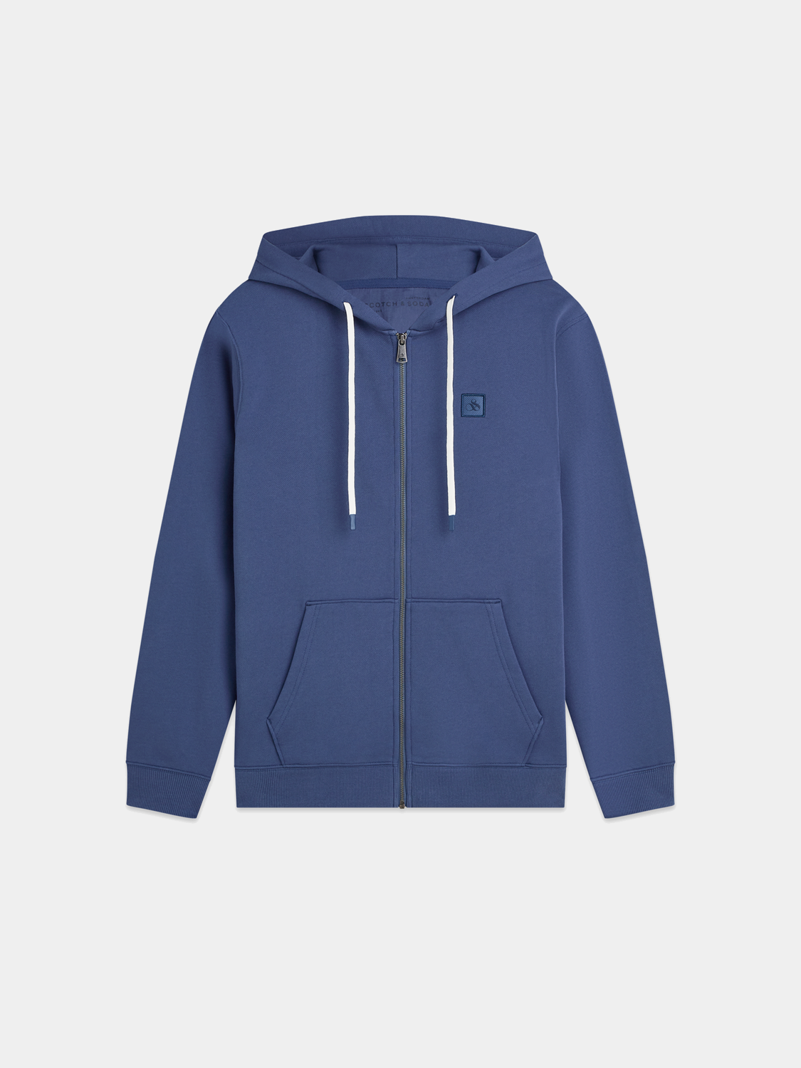 Scotch & Soda zip-through logo hoodie in gray, featuring a front zipper, hood, and branded logo detail on the chest.