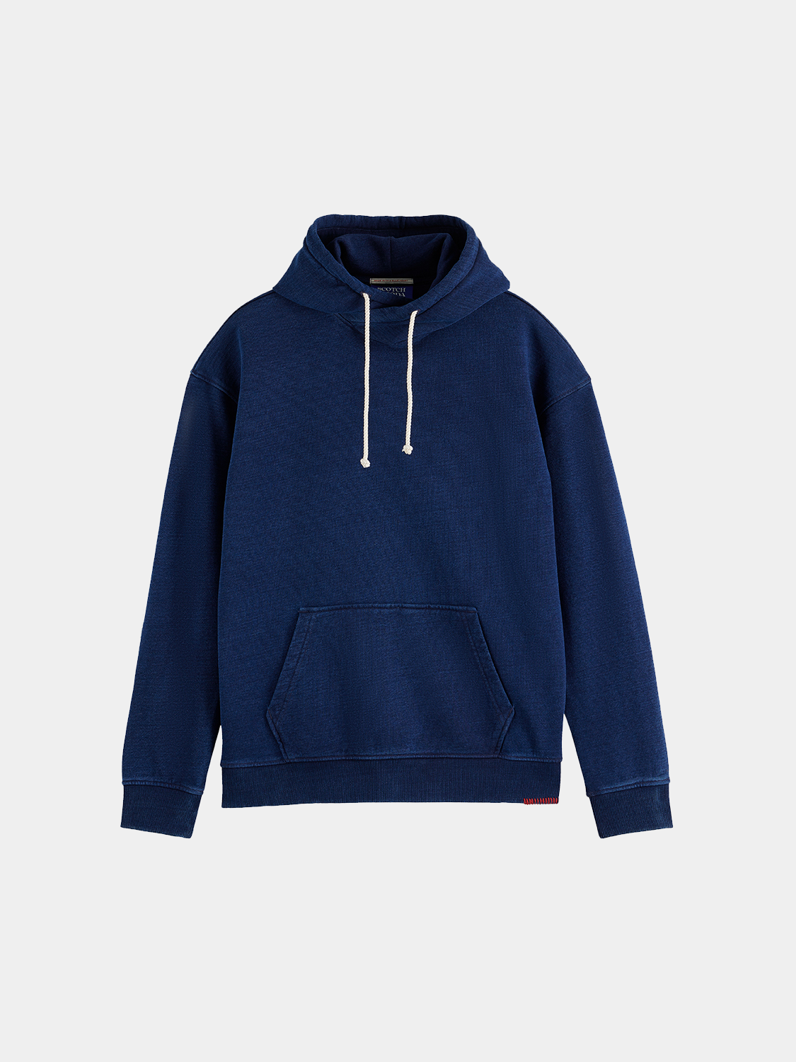 Indigo hoodie from Scotch & Soda, casual sweats with a cozy fit and front pocket, displayed on a plain background.