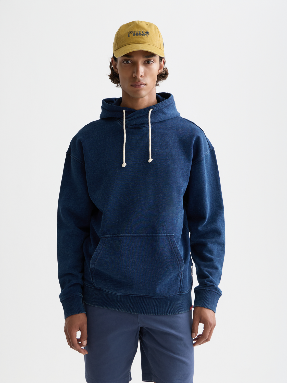 Indigo hoodie from Scotch & Soda, casual sweats with a front view, featuring a relaxed fit and soft fabric.